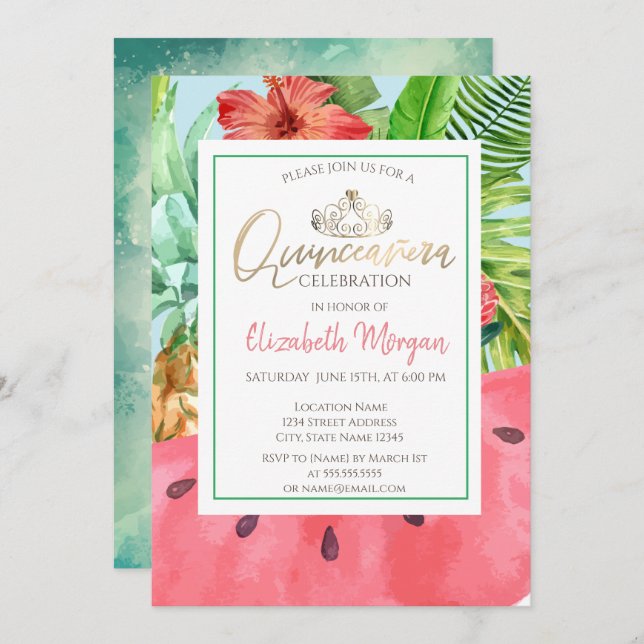 Palm Leaves,Watermelon,Pineapple Quinceañera Invitation (Front/Back)