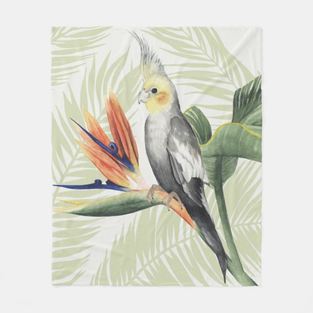 Palm Leaves With Black Bird Fleece Blanket (Front)