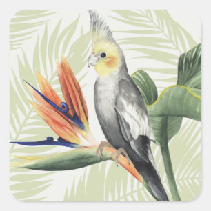 Palm Leaves With Black Bird Square Sticker