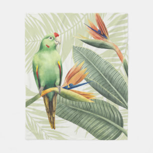 Palm Leaves With Green Bird Fleece Blanket