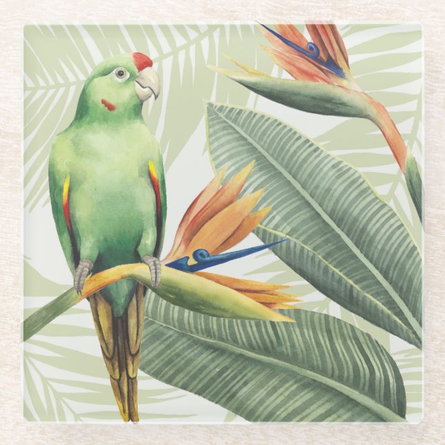 Palm Leaves With Green Bird Glass Coaster (Front)