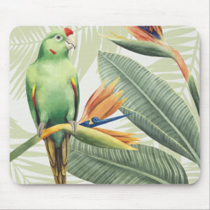 Palm Leaves With Green Bird Mouse Pad