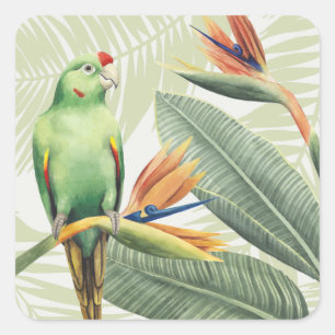 Palm Leaves With Green Bird Square Sticker