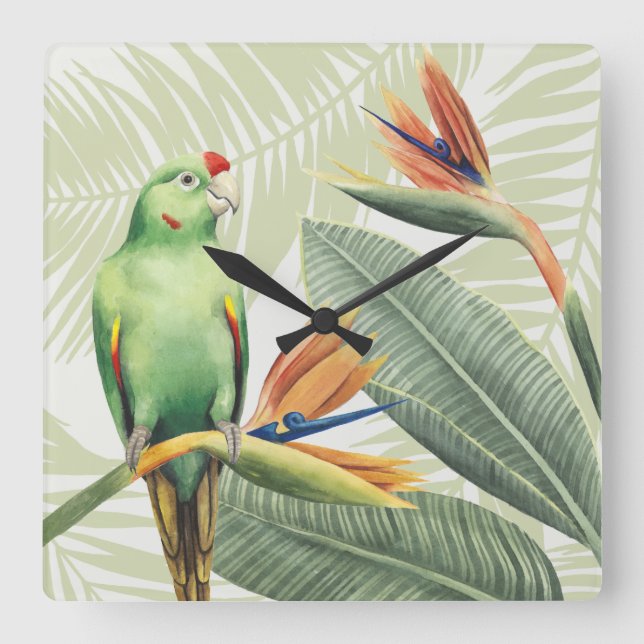Palm Leaves With Green Bird Square Wall Clock (Front)