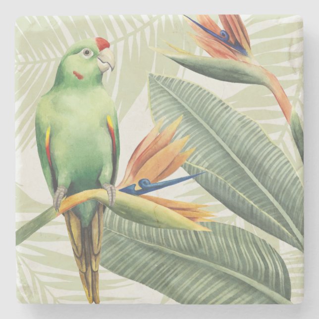 Palm Leaves With Green Bird Stone Coaster (Front)
