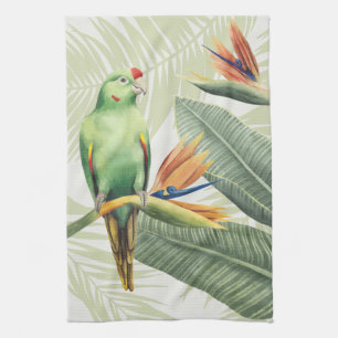 Palm Leaves With Green Bird Tea Towel