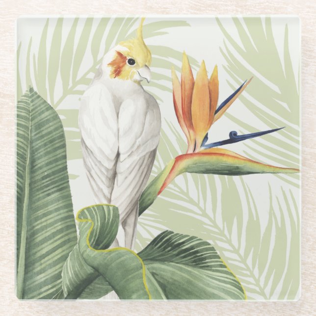 Palm Leaves With White Bird Glass Coaster (Front)