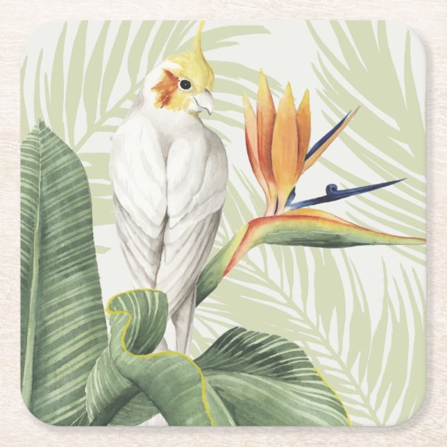 Palm Leaves With White Bird Square Paper Coaster (Front)