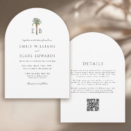 Palm Monogram Elegant Arch Tropical Wedding QRCode Invitation