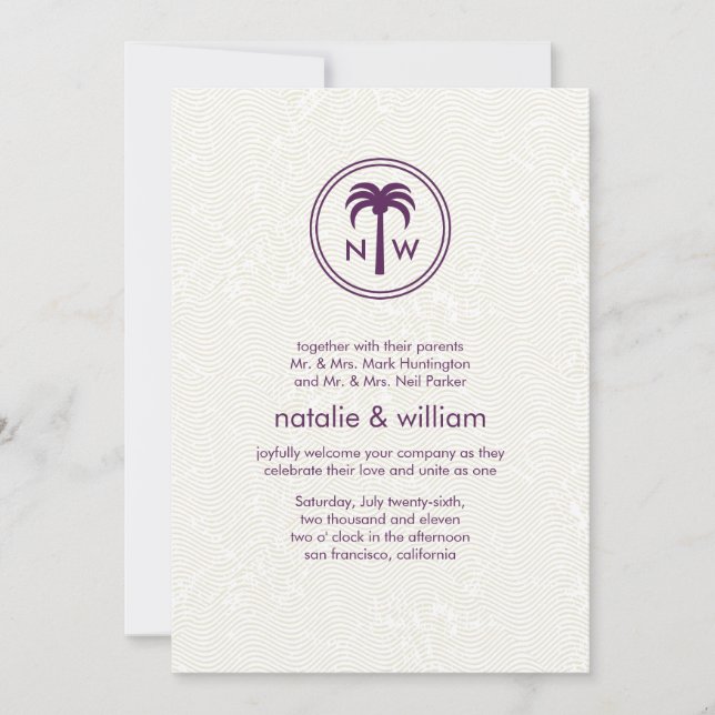 Palm Monogram Summer Beach Destination Wedding Invitation (Front)