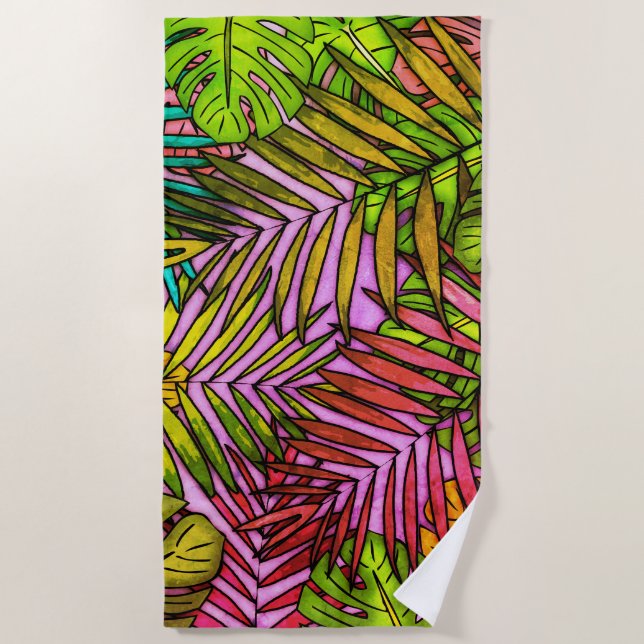 Palm & Monstera Leaves 1974 Beach Towel (Front)
