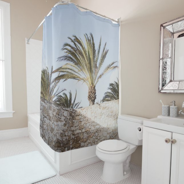 Palm Oasis View 1 Shower Curtain (In Situ)