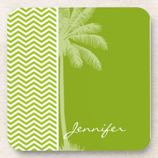 Palm on Retro Apple Green Chevron Stripes Coaster