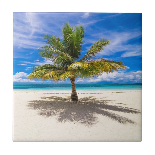 Palm on White Sand Beach Ceramic Tile (Front)