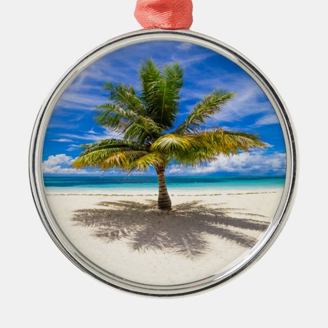 Palm on White Sand Beach Metal Ornament (Front)