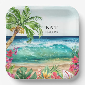 Palm Paradise Tropical Beach Wedding, Shower, Luau Paper Plate
