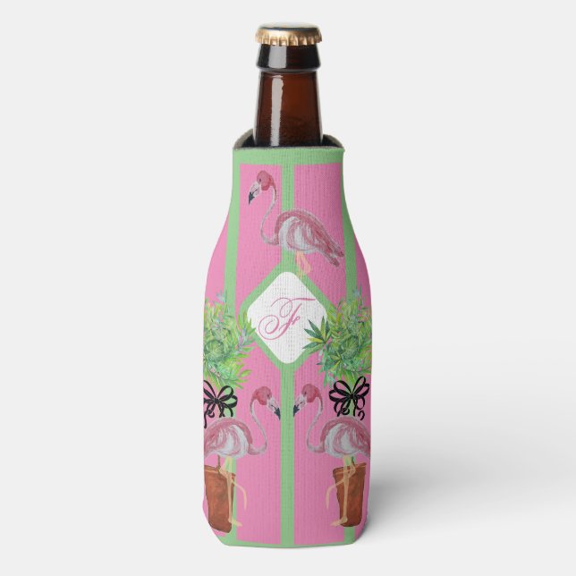 Palm Pink Flamingo Flamingos Terra Cotta can   Bottle Cooler (Bottle Front)