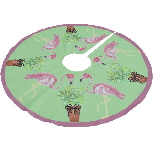 Palm Pink Flamingo Flamingos Terra Cotta Pots  Brushed Polyester Tree Skirt (Angled)