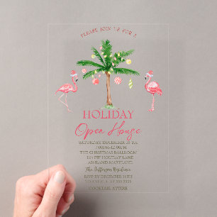 Palm Pink Flamingos Holiday Open House Acrylic Invitations
