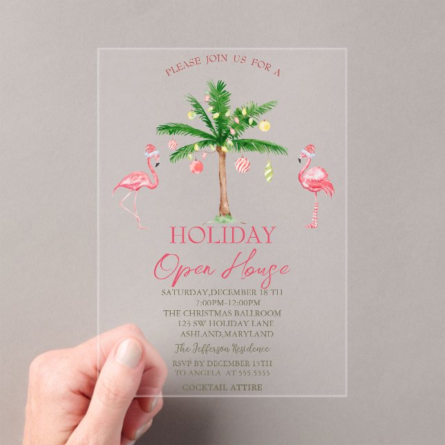 Palm Pink Flamingos Holiday Open House  Acrylic Invitations (Insitu (Handheld))