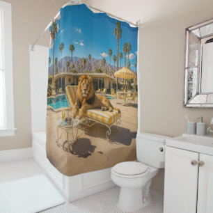 Palm Springs 1950 Poolside Lion Lounging Shower Curtain