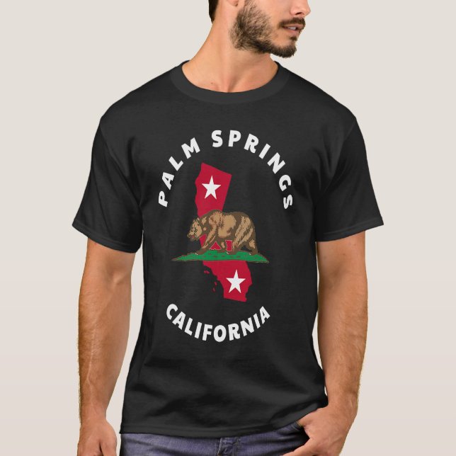 Palm Springs California CA Flag and Bear Badge Sou T-Shirt (Front)
