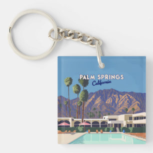 Palm Springs California Pool Hotel Trees Retro Key Ring
