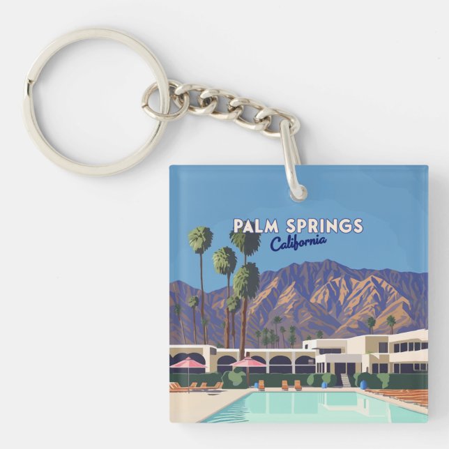 Palm Springs California Pool Hotel Trees Retro Key Ring (Front)