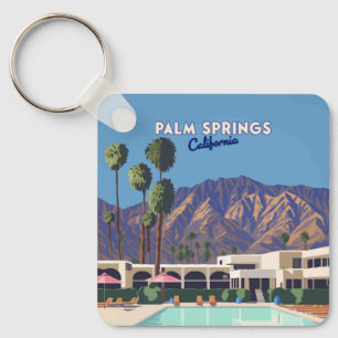 Palm Springs California Pool Hotel Trees Retro Key Ring