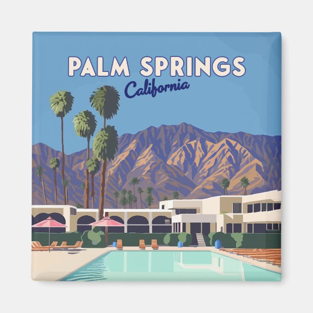 Palm Springs California Pool Hotel Trees Retro Magnet (Front)