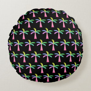 Palm Springs Colourful Palm Trees Black Backgroun Round Cushion