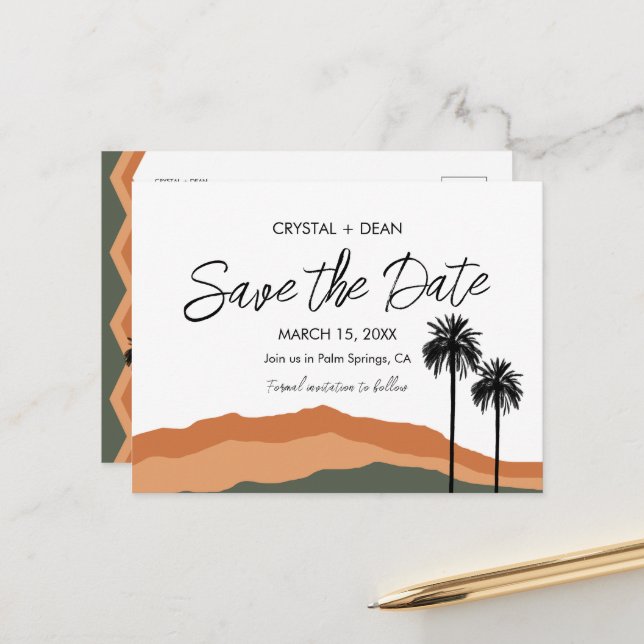 Palm Springs Modern Save the Date Postcard tan/olv (Front/Back In Situ)