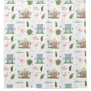 Palm Springs Pink House Cactus Flamingo Pattern Shower Curtain