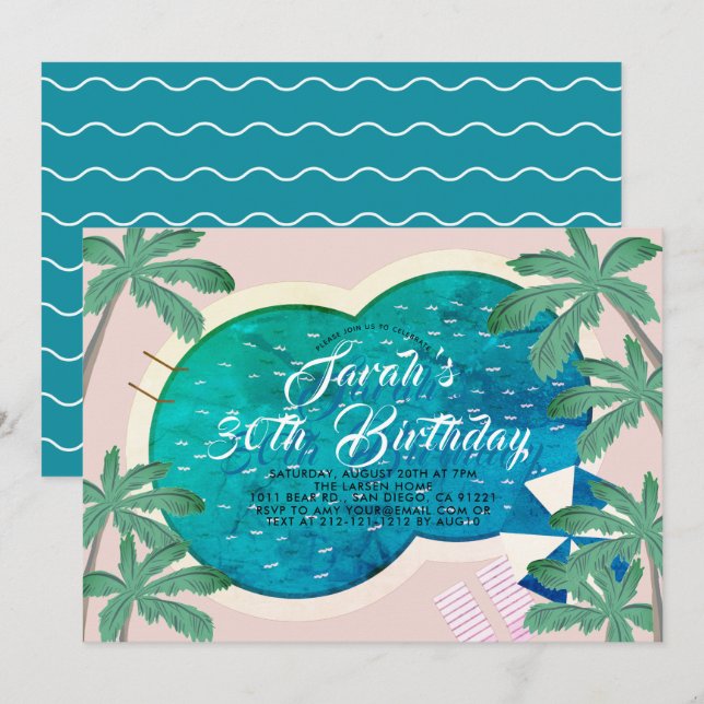 Palm Springs Pool Party Pink Adult Birthday Invitation (Front/Back)