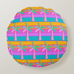  Palm Springs Retro Bold Striped Palm Tree Round Cushion