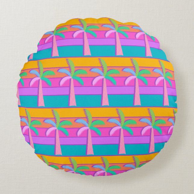  Palm Springs Retro Bold Striped Palm Tree Round Cushion (Front)