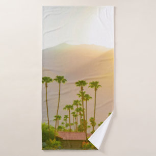 Palm Springs sunset day with mountains and palm tr Bath Towel