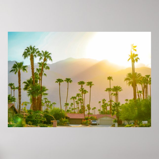 Palm Springs sunset day with mountains and palm tr Poster (Front)