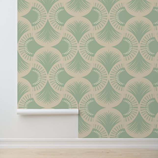 Palm Springs - Sunset Palms - Mint Green Wallpaper (Application)