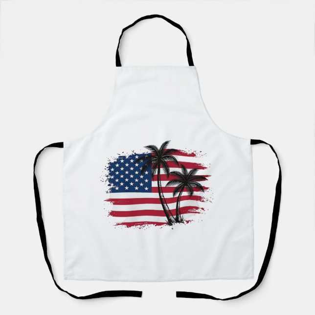 Palm Tree American Flag Patriotic Beach Vector Art Apron (Front)