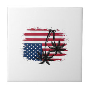 Palm Tree American Flag Patriotic Beach Vector Art Ceramic Tile