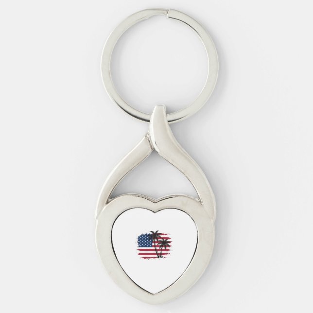 Palm Tree American Flag Patriotic Beach Vector Art Key Ring (Front)