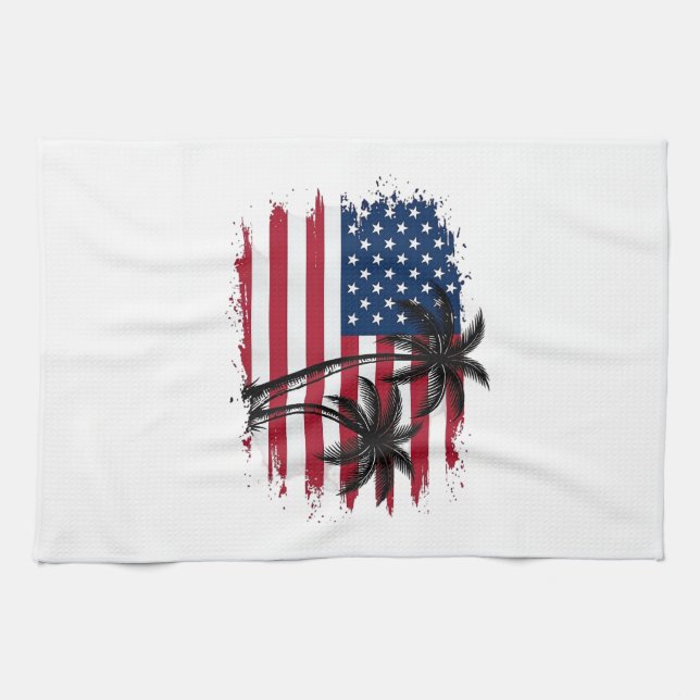 Palm Tree American Flag Patriotic Beach Vector Art Tea Towel (Horizontal)
