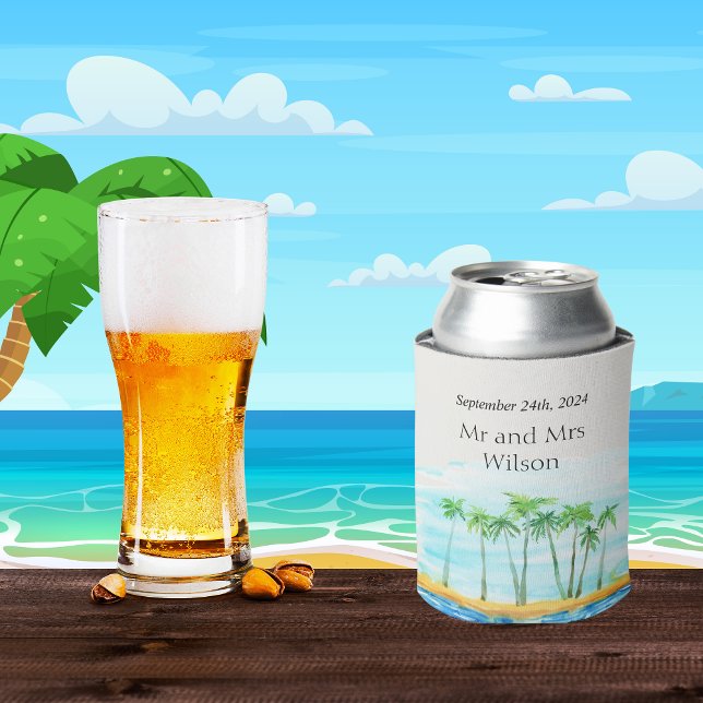 Palm Tree and Beach Wedding Can Cooler (Creator Uploaded)