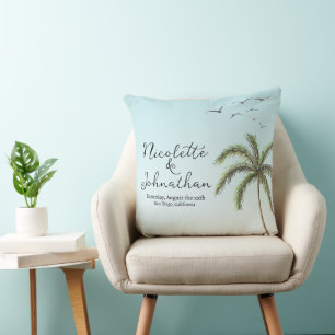 Palm Tree and Birds Simple Beach Wedding Keepsake Cushion