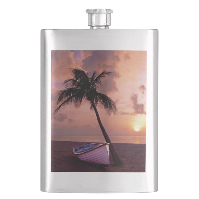 Palm Tree and Boat Beach Sunset Hip Flask (Front)