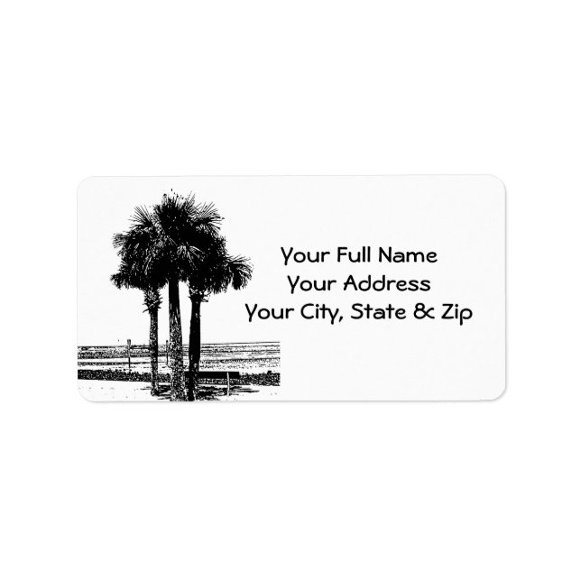 Palm Tree at Beach in black, white address labels (Front)