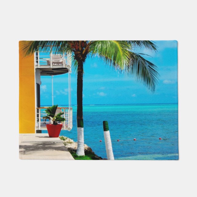 Palm Tree At The Front Yard Of A House By The Sea Doormat (Front)