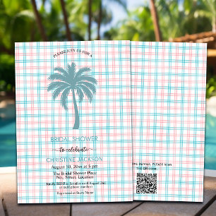 Palm Tree Azure Pink Checkered QR Code Bridal Invitation