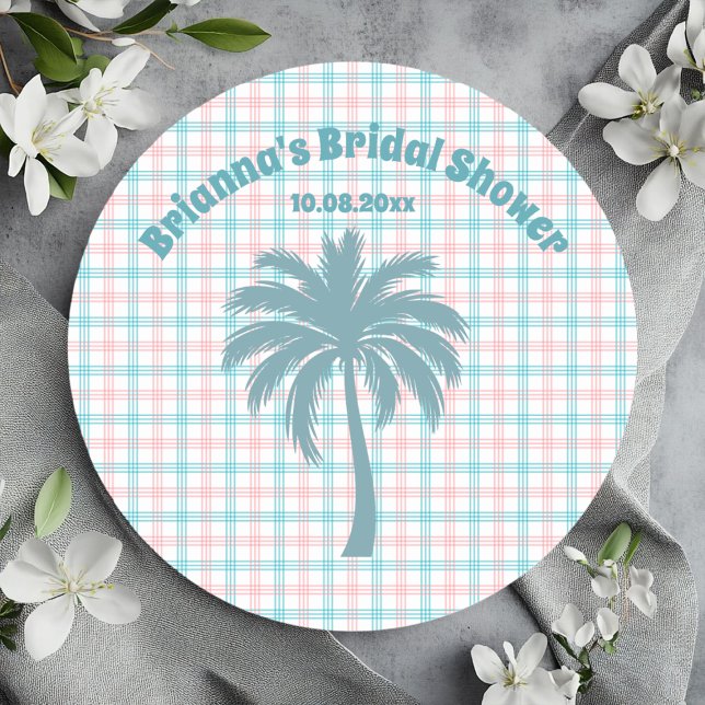 Palm Tree Azure Pink Chequered Bridal Shower Classic Round Sticker (Creator Uploaded)